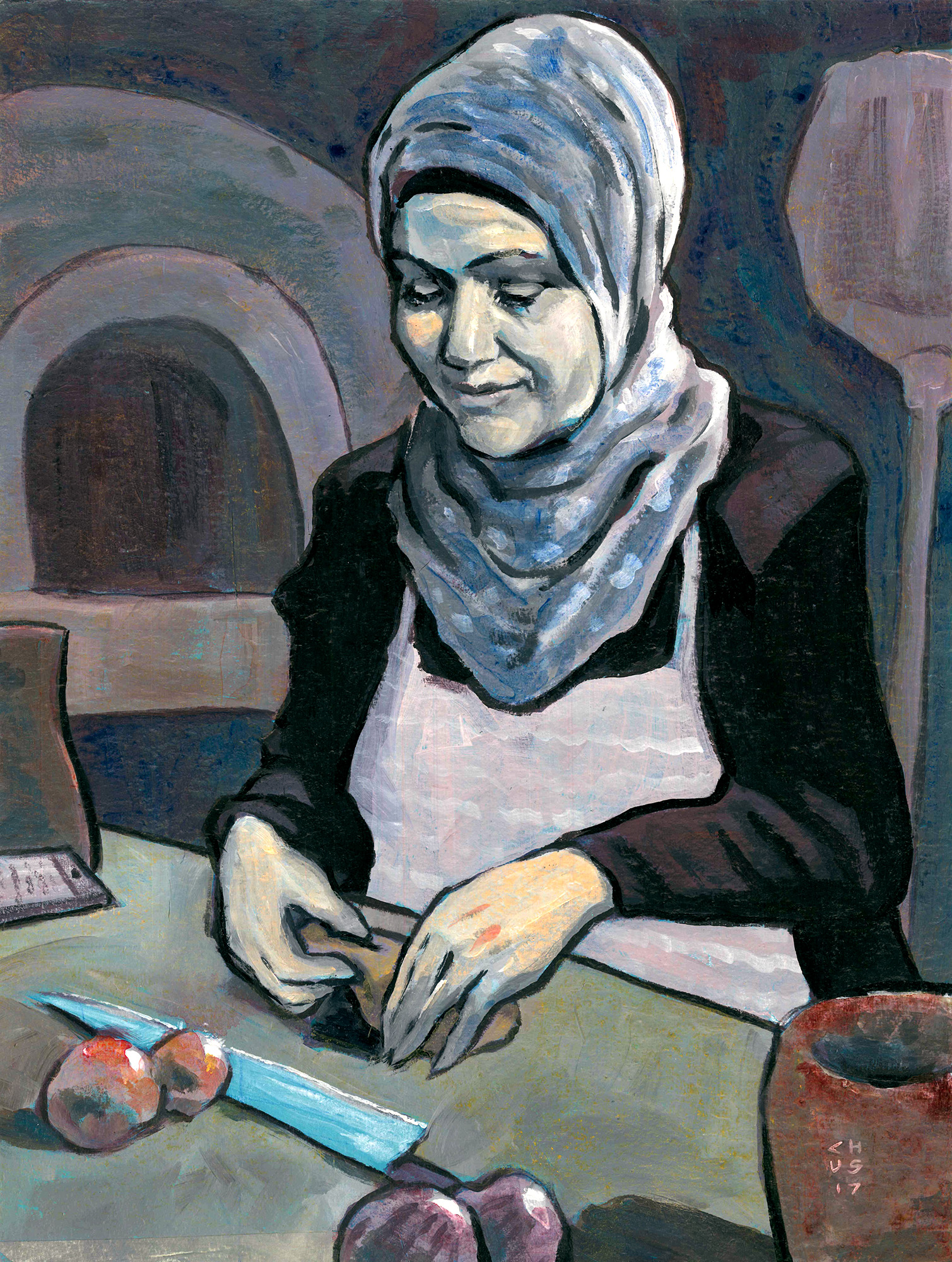 Portrait of woman cooking: acrylic on paper